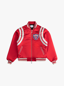 RED SATIN VARSITY JACKET