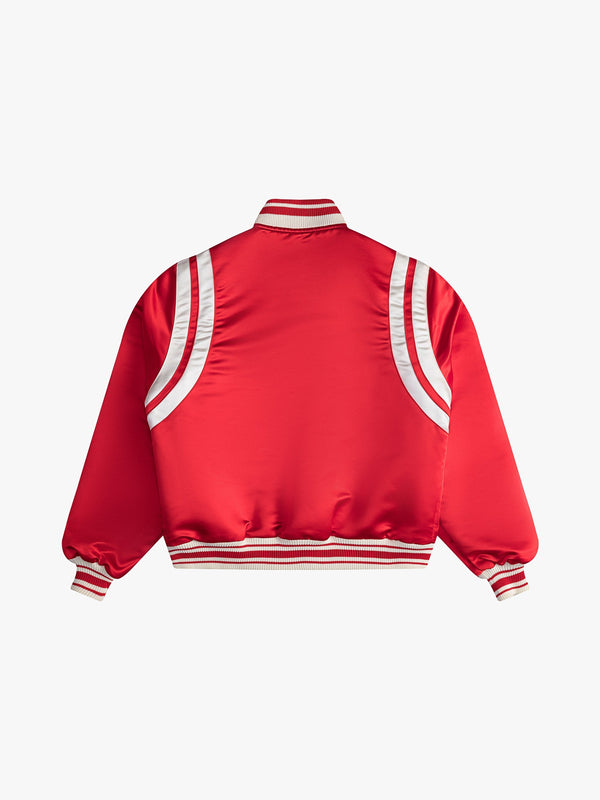 RED SATIN VARSITY JACKET